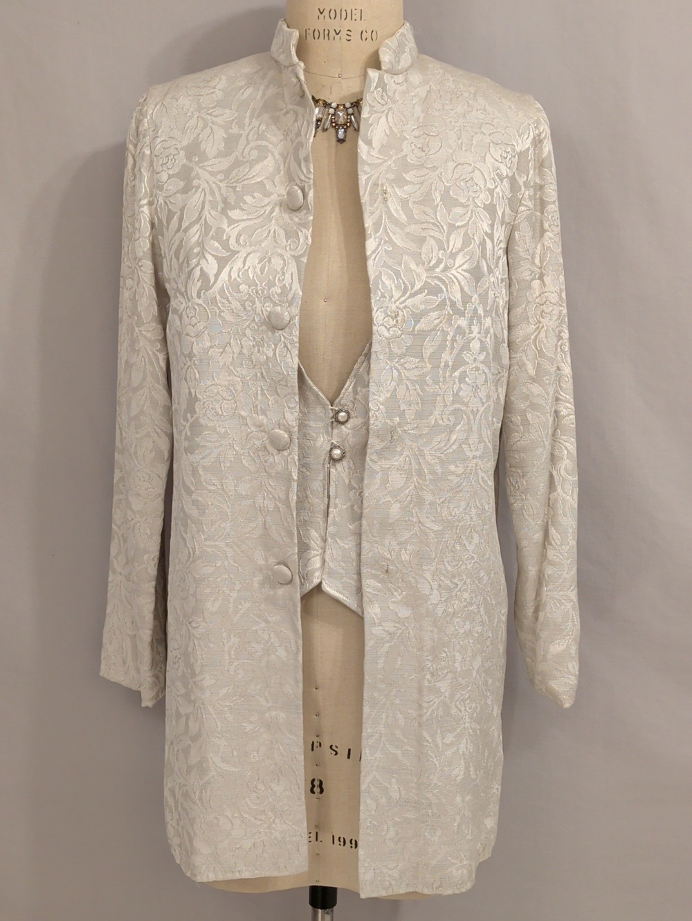 Cream Brocade Long Jacket with Mandarin Collar
